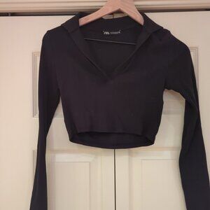 Zara Cropped Woman Shirt Black Collared Polo Long Sleeve Size Medium